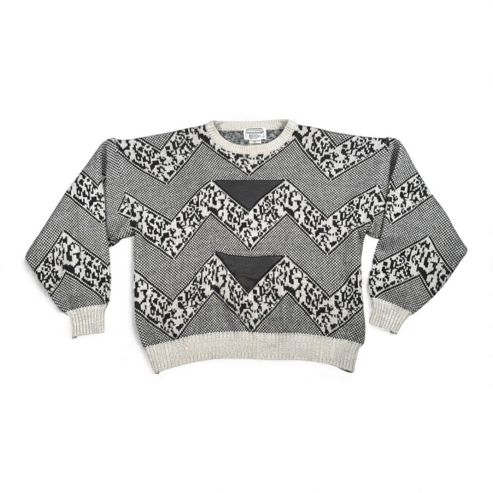Vintage Giani Leone Sweater Adult 2XL Black White Acrylic Geometric Leather 80s